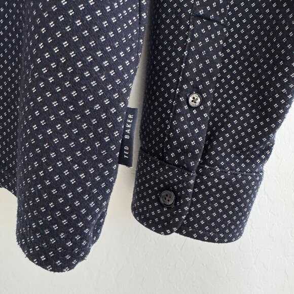 Ted Baker Men's Outof Micro Print Long Sleeve Polo Shirt Work Navy Blue 4 Large - Picture 6 of 9